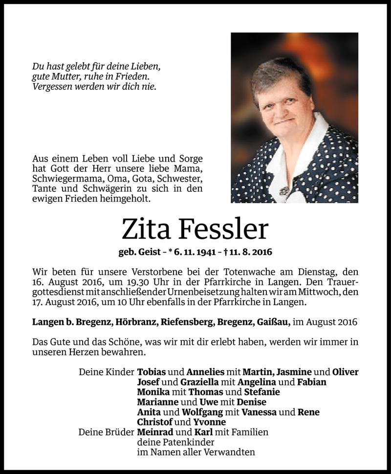  Todesanzeige für Zita Fessler vom 12.08.2016 aus Vorarlberger Nachrichten