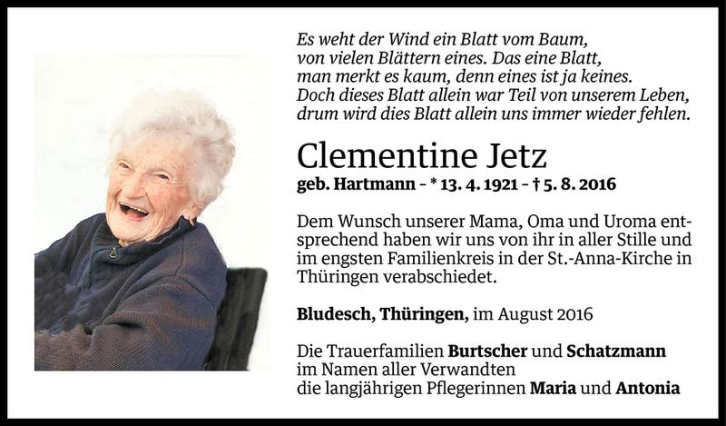  Todesanzeige für Clementine Jetz vom 16.08.2016 aus Vorarlberger Nachrichten