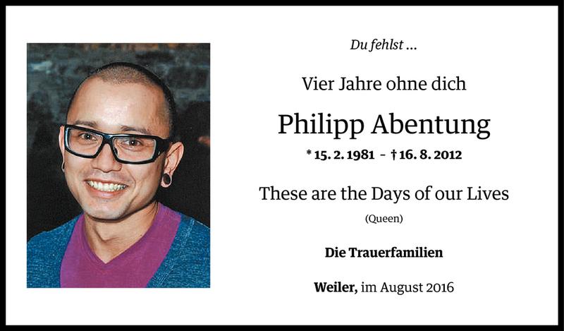  Todesanzeige für Philipp Abentung vom 16.08.2016 aus Vorarlberger Nachrichten
