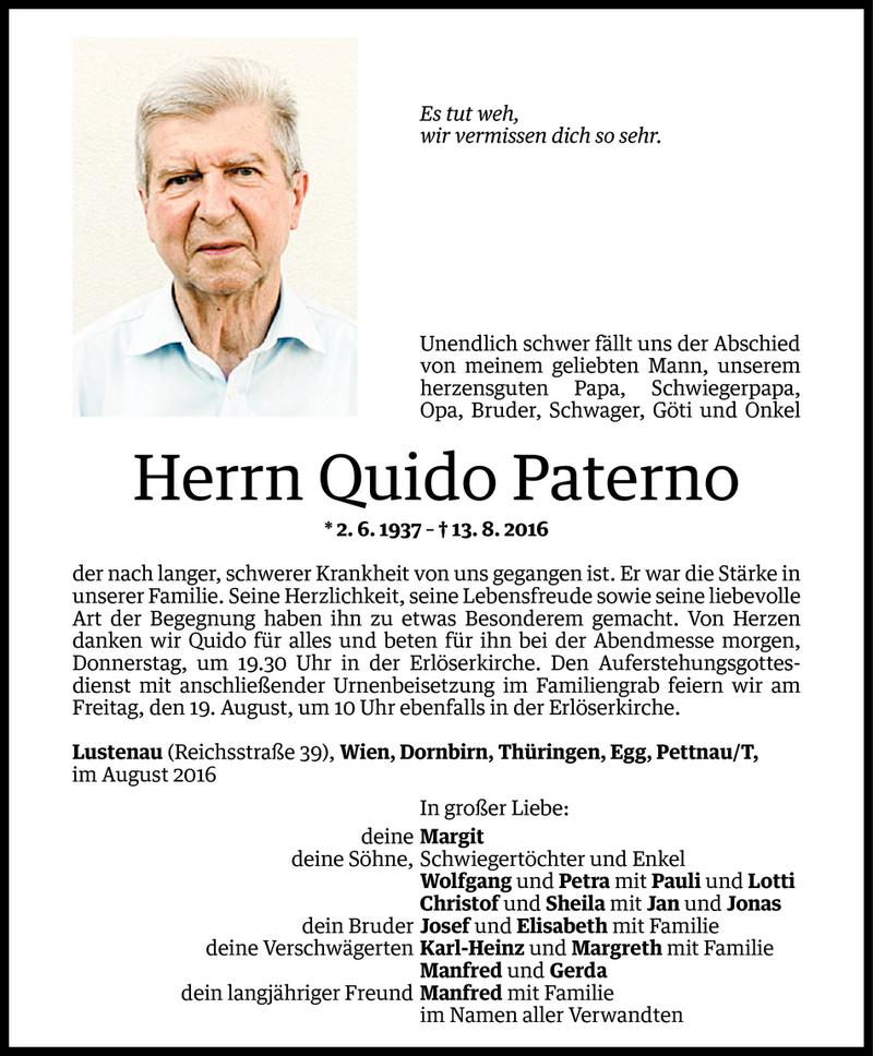  Todesanzeige für Quido Paterno vom 16.08.2016 aus Vorarlberger Nachrichten