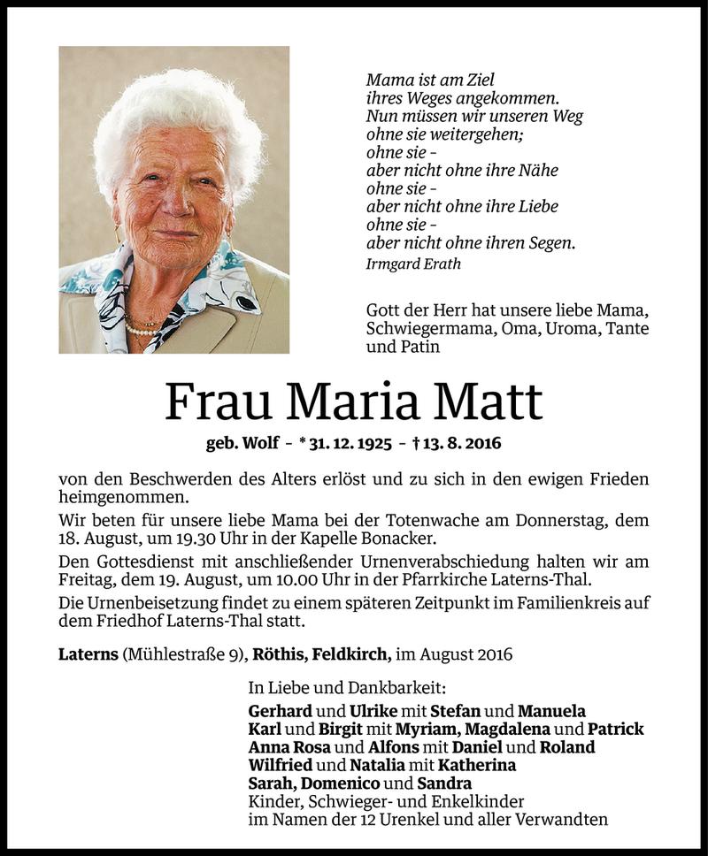  Todesanzeige für Maria Matt vom 17.08.2016 aus Vorarlberger Nachrichten