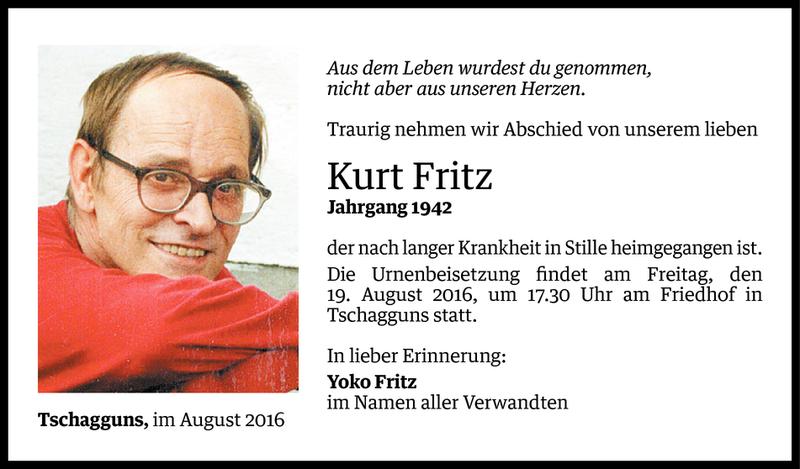  Todesanzeige für Fritz Kurt vom 16.08.2016 aus Vorarlberger Nachrichten