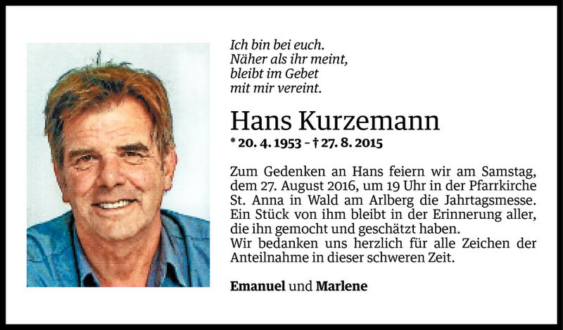  Todesanzeige für Hans Kurzemann vom 19.08.2016 aus Vorarlberger Nachrichten