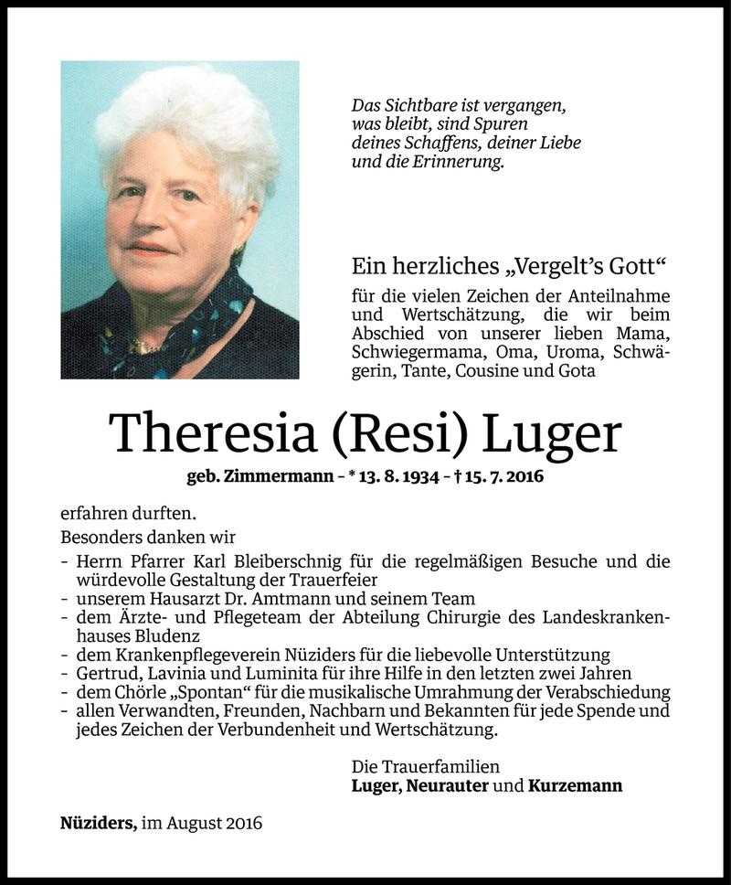  Todesanzeige für Theresia Luger vom 31.08.2016 aus Vorarlberger Nachrichten