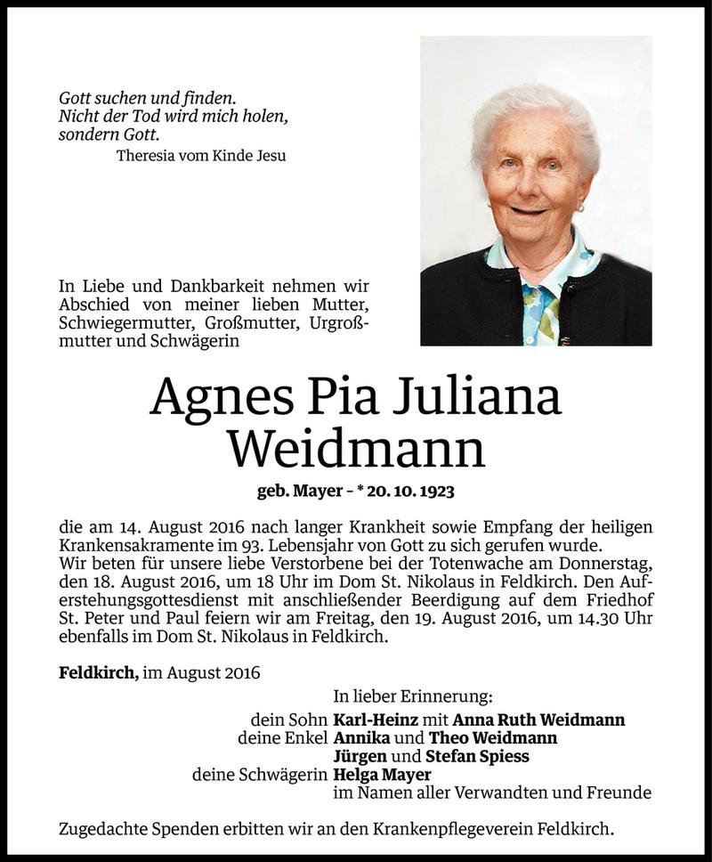  Todesanzeige für Agnes Pia Juliana Weidmann vom 16.08.2016 aus Vorarlberger Nachrichten