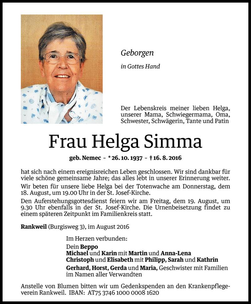  Todesanzeige für Helga Simma vom 17.08.2016 aus Vorarlberger Nachrichten