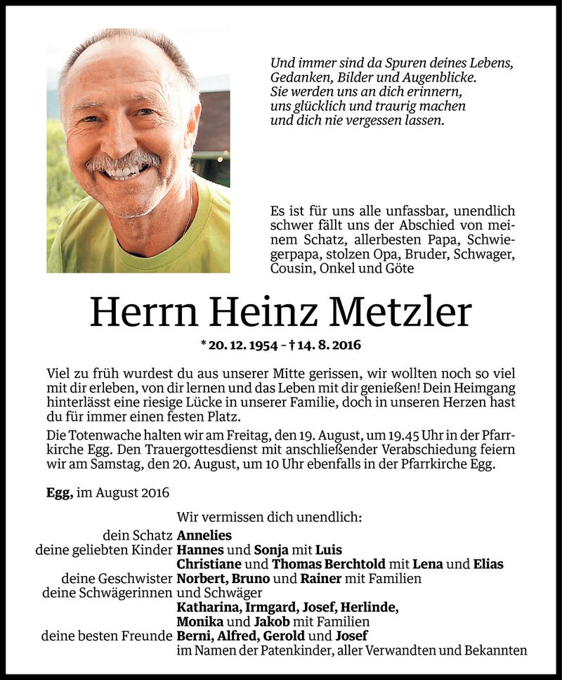  Todesanzeige für Heinz Metzler vom 17.08.2016 aus Vorarlberger Nachrichten