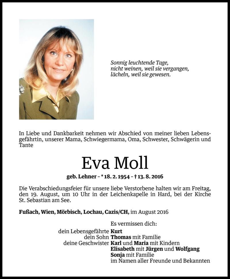  Todesanzeige für Eva Moll vom 17.08.2016 aus Vorarlberger Nachrichten