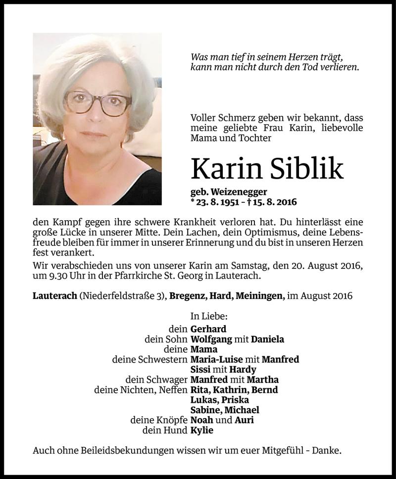  Todesanzeige für Karin Siblik vom 17.08.2016 aus Vorarlberger Nachrichten