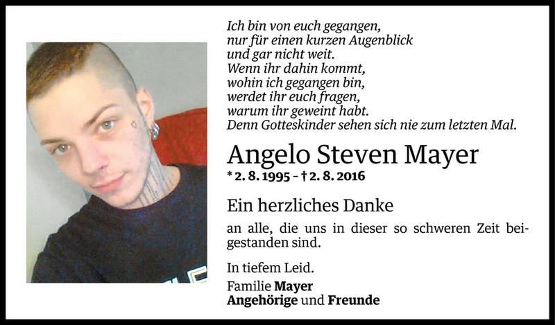  Todesanzeige für Angelo Steven Mayer vom 19.08.2016 aus Vorarlberger Nachrichten