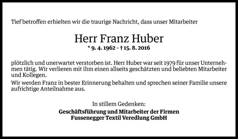  Todesanzeige für Franz Huber vom 17.08.2016 aus Vorarlberger Nachrichten