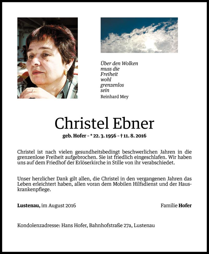  Todesanzeige für Christel Ebner vom 19.08.2016 aus Vorarlberger Nachrichten