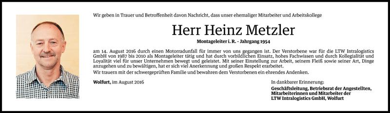  Todesanzeige für Heinz Metzler vom 18.08.2016 aus Vorarlberger Nachrichten