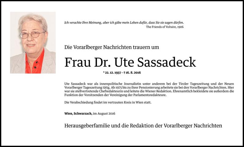  Todesanzeige für Dr. Ute Sassadeck vom 18.08.2016 aus Vorarlberger Nachrichten