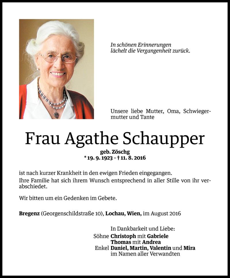  Todesanzeige für Agathe Schaupper vom 22.08.2016 aus Vorarlberger Nachrichten