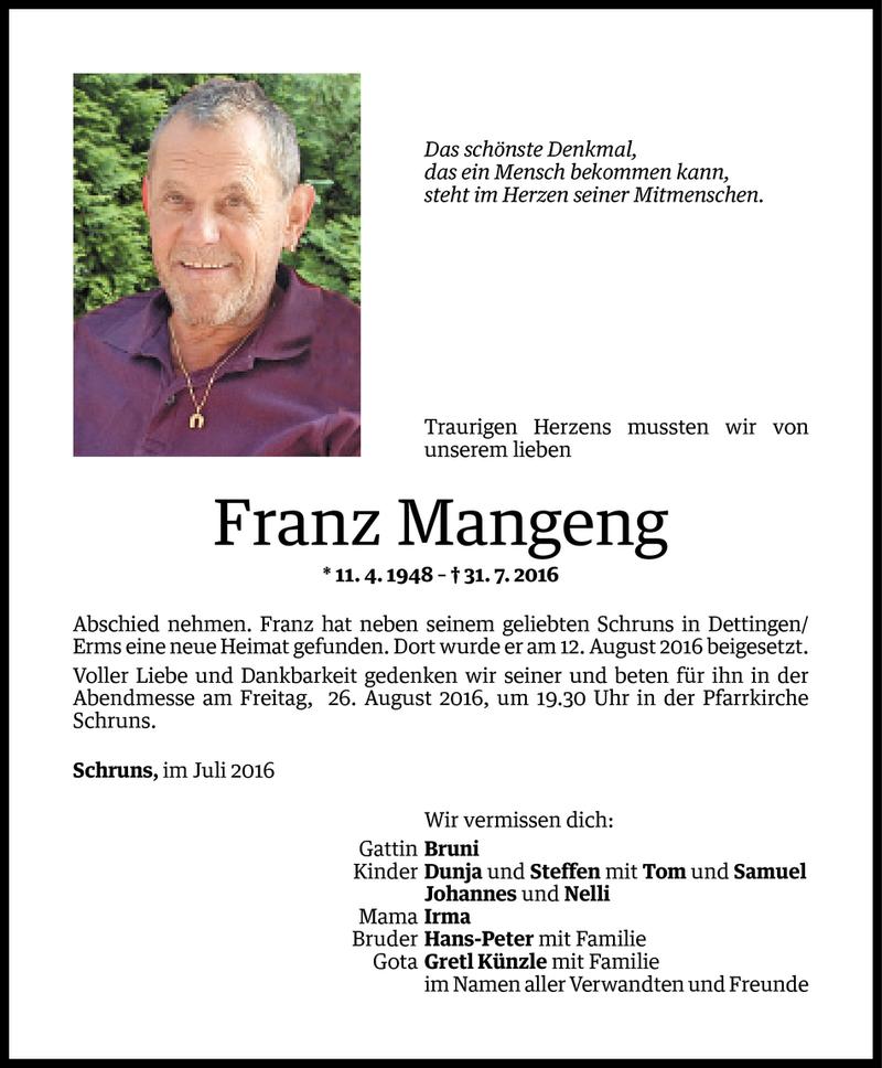  Todesanzeige für Franz Mangeng vom 19.08.2016 aus Vorarlberger Nachrichten