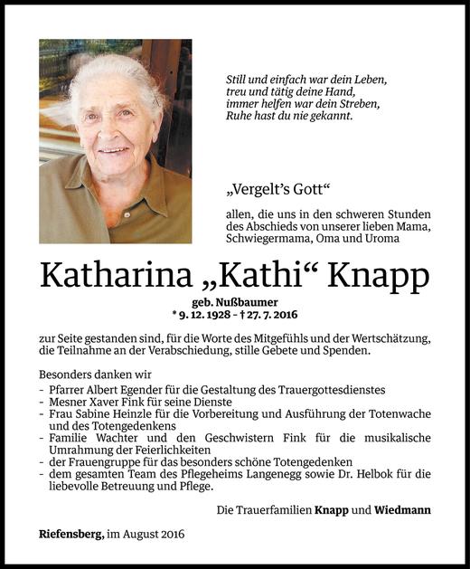 Todesanzeigen von Katharina Knapp | Todesanzeigen Vorarlberger Nachrichten