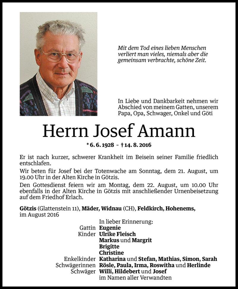  Todesanzeige für Josef Amann vom 19.08.2016 aus Vorarlberger Nachrichten