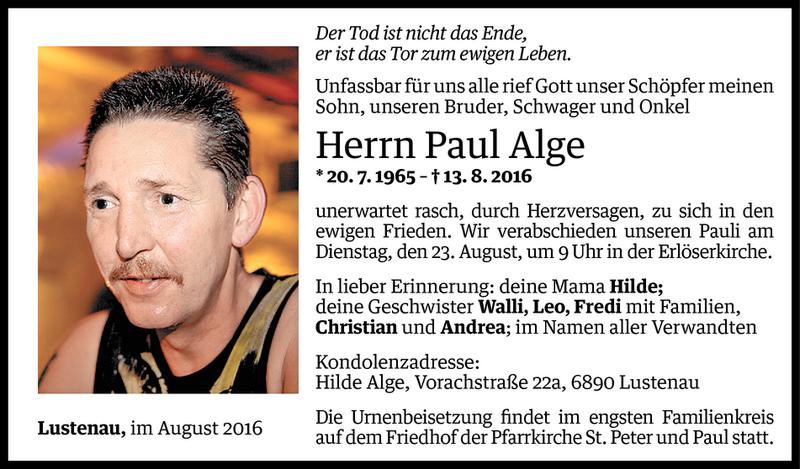  Todesanzeige für Paul Alge vom 19.08.2016 aus Vorarlberger Nachrichten