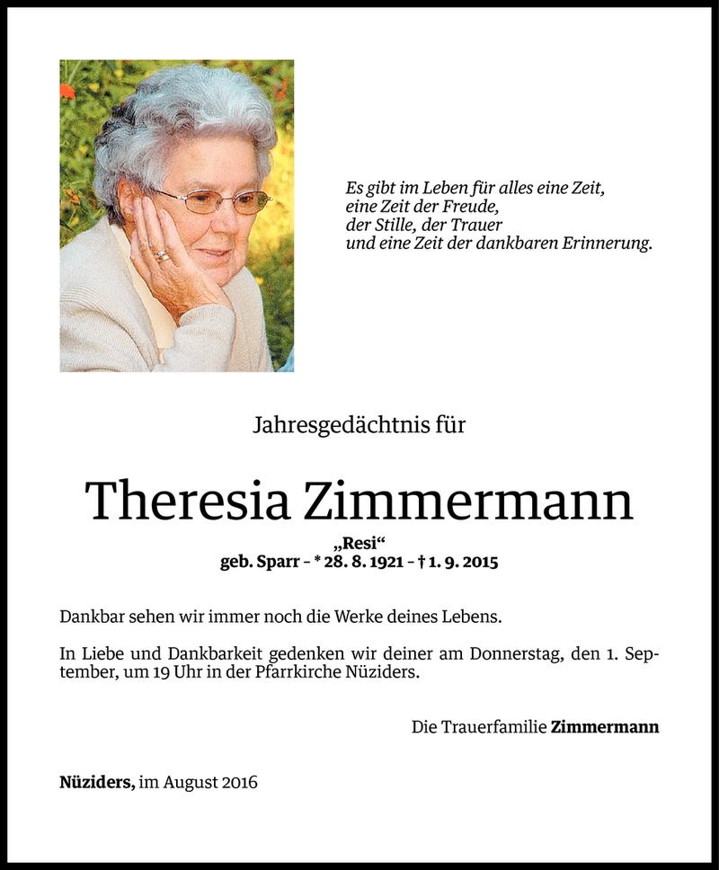  Todesanzeige für Theresia Zimmermann vom 29.08.2016 aus Vorarlberger Nachrichten