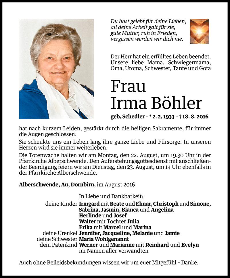  Todesanzeige für Irma Böhler vom 19.08.2016 aus Vorarlberger Nachrichten