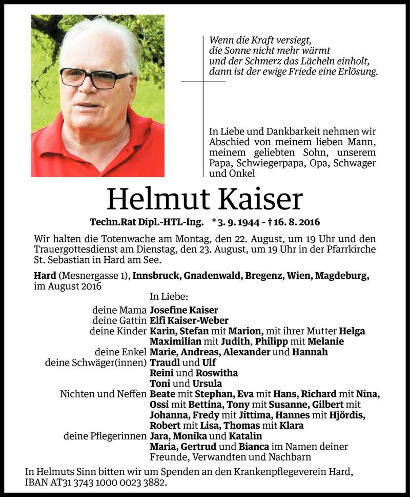 Todesanzeige für Helmut Kaiser vom 19.08.2016 aus Vorarlberger Nachrichten