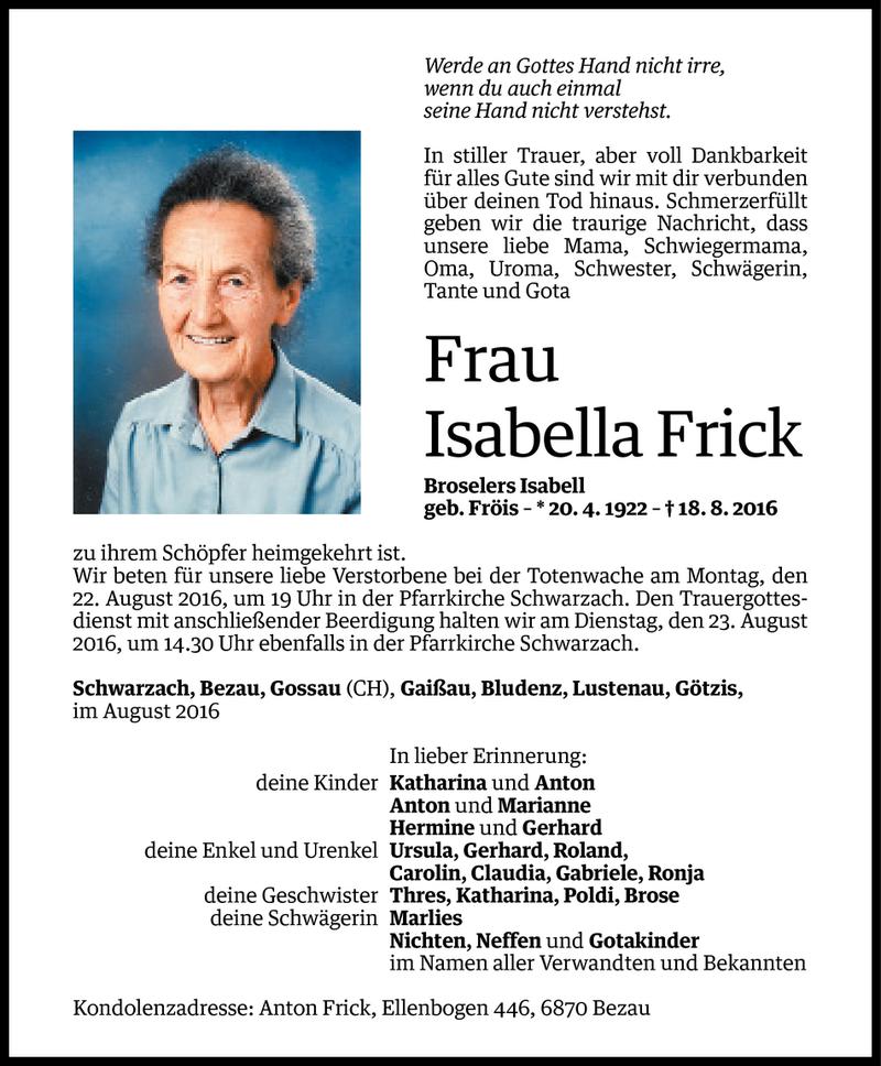  Todesanzeige für Isabella Frick vom 19.08.2016 aus Vorarlberger Nachrichten