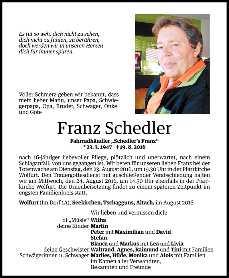  Todesanzeige für Franz Schedler vom 22.08.2016 aus Vorarlberger Nachrichten