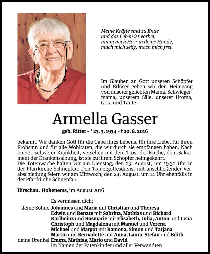  Todesanzeige für Armella Gasser vom 21.08.2016 aus Vorarlberger Nachrichten