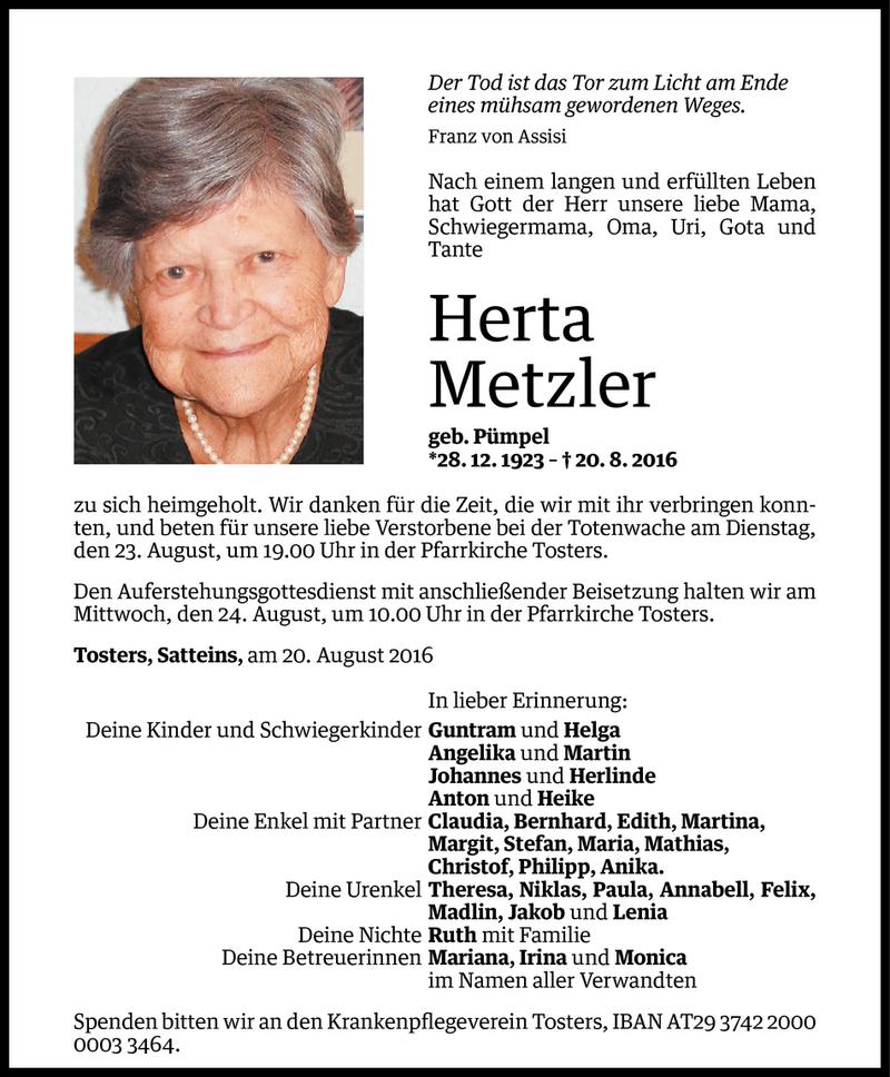  Todesanzeige für Herta Metzler vom 21.08.2016 aus Vorarlberger Nachrichten