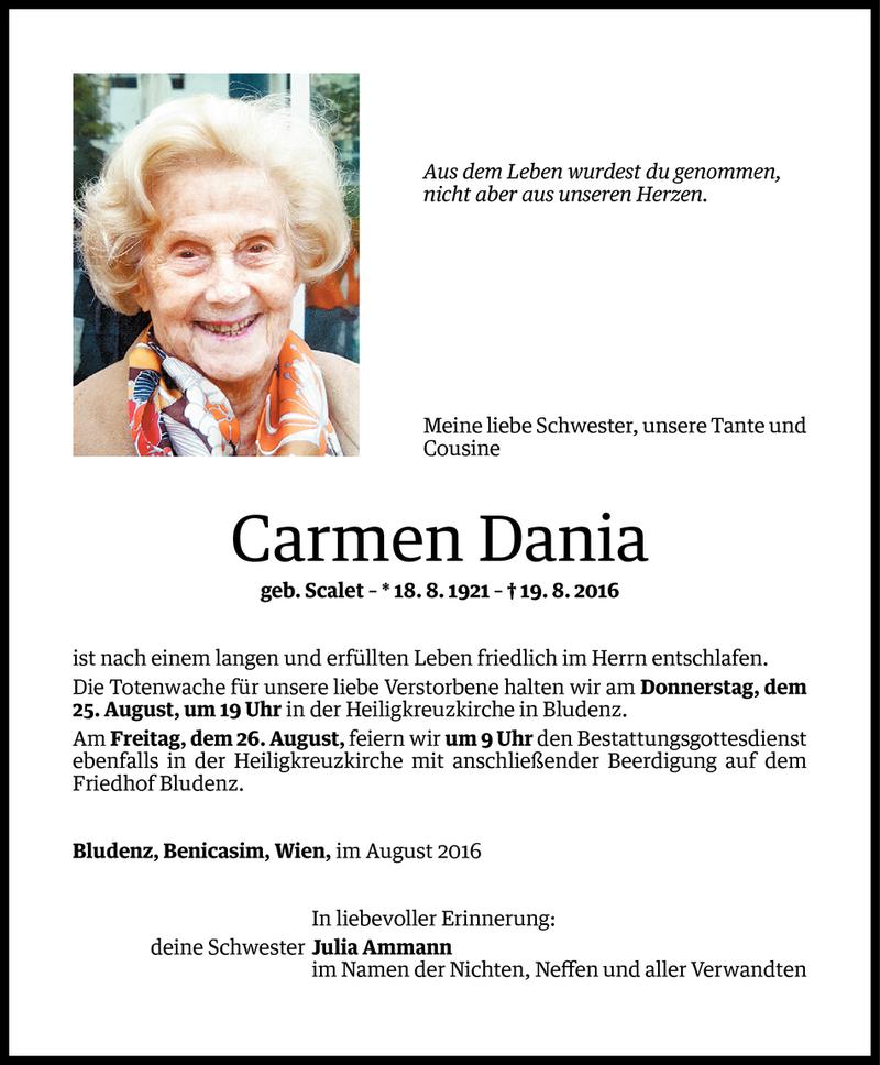  Todesanzeige für Carmen Dania vom 24.08.2016 aus Vorarlberger Nachrichten