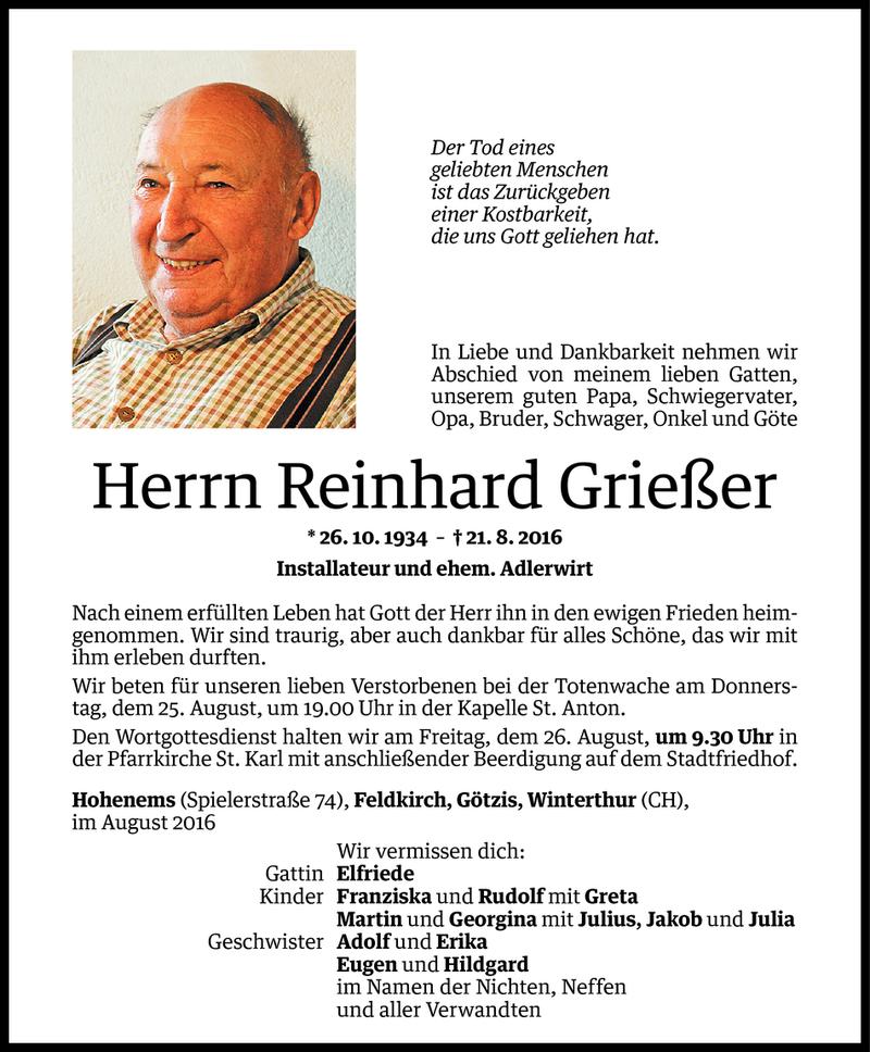  Todesanzeige für Reinhard Grießer vom 23.08.2016 aus Vorarlberger Nachrichten