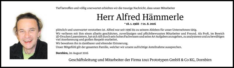  Todesanzeige für Alfred Hämmerle vom 22.08.2016 aus Vorarlberger Nachrichten