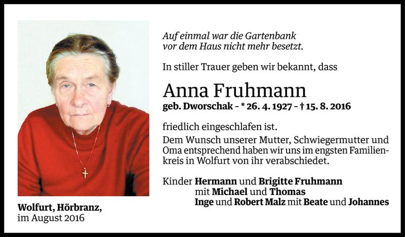  Todesanzeige für Anna Fruhmann vom 27.08.2016 aus Vorarlberger Nachrichten