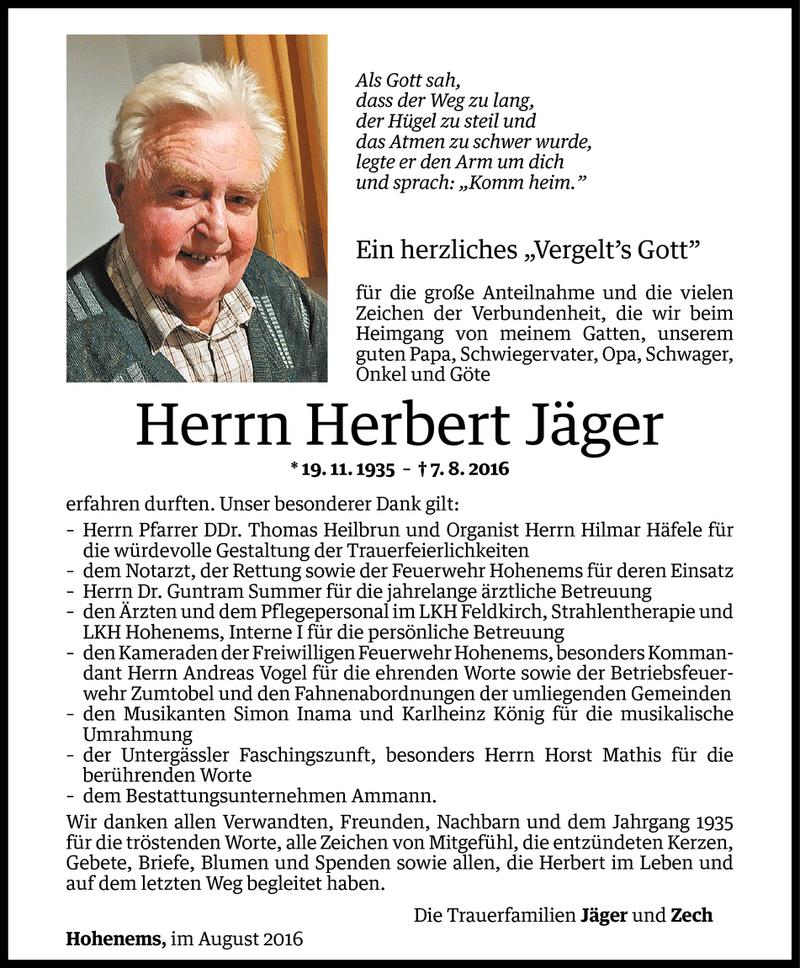  Todesanzeige für Herbert Jäger vom 25.08.2016 aus Vorarlberger Nachrichten