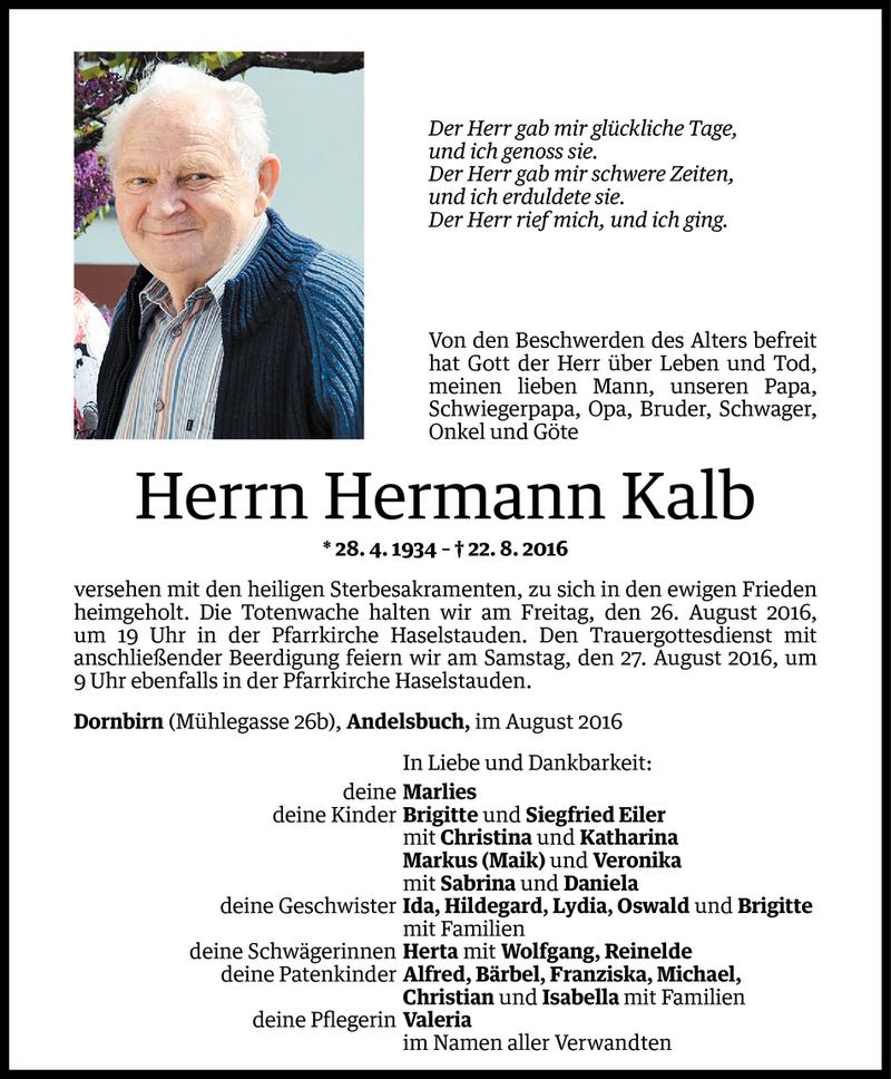  Todesanzeige für Hermann Kalb vom 23.08.2016 aus Vorarlberger Nachrichten