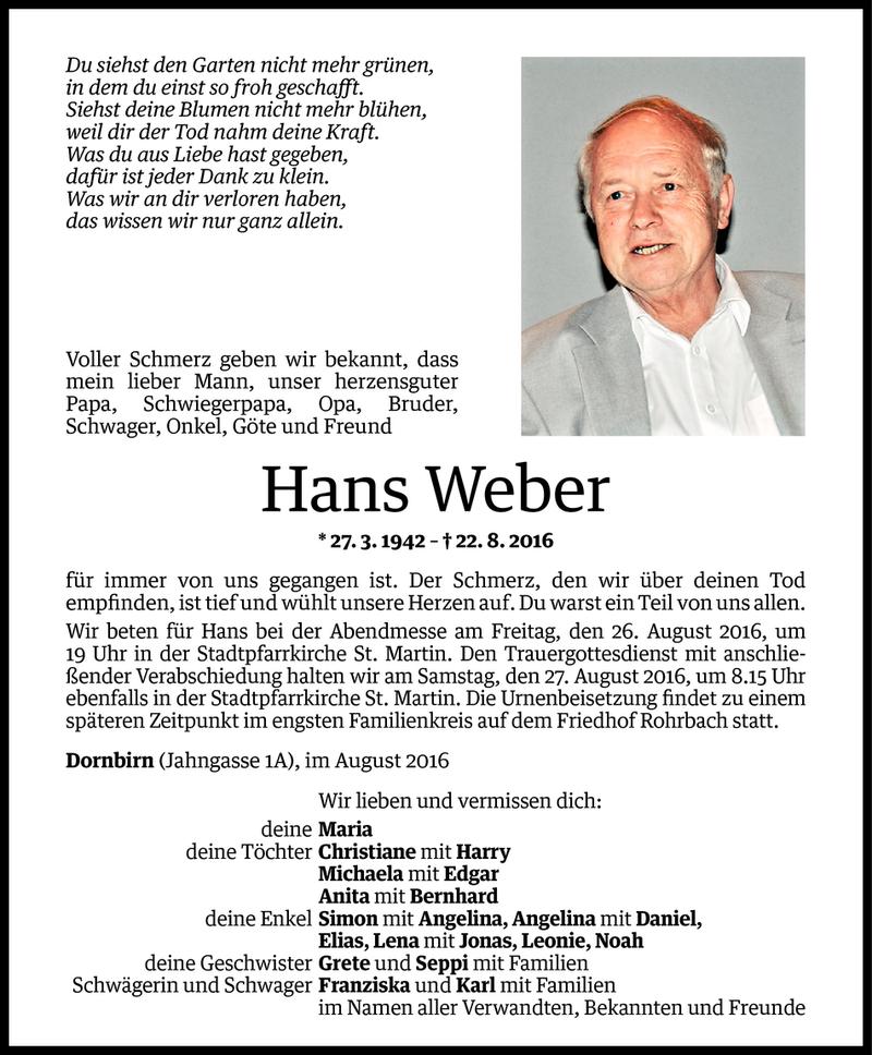  Todesanzeige für Hans Weber vom 23.08.2016 aus Vorarlberger Nachrichten