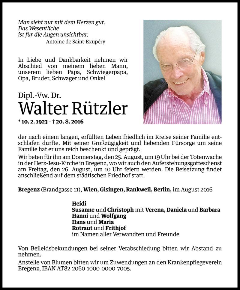  Todesanzeige für Walter Rützler vom 23.08.2016 aus Vorarlberger Nachrichten