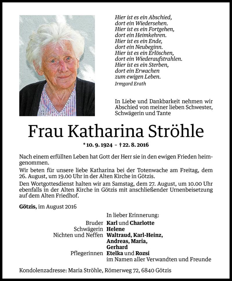  Todesanzeige für Katharina Ströhle vom 24.08.2016 aus Vorarlberger Nachrichten