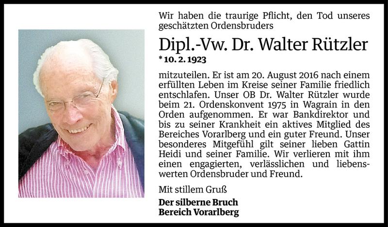  Todesanzeige für Walter Rützler vom 23.08.2016 aus Vorarlberger Nachrichten