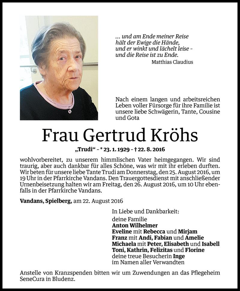  Todesanzeige für Gertrud Kröhs vom 23.08.2016 aus Vorarlberger Nachrichten