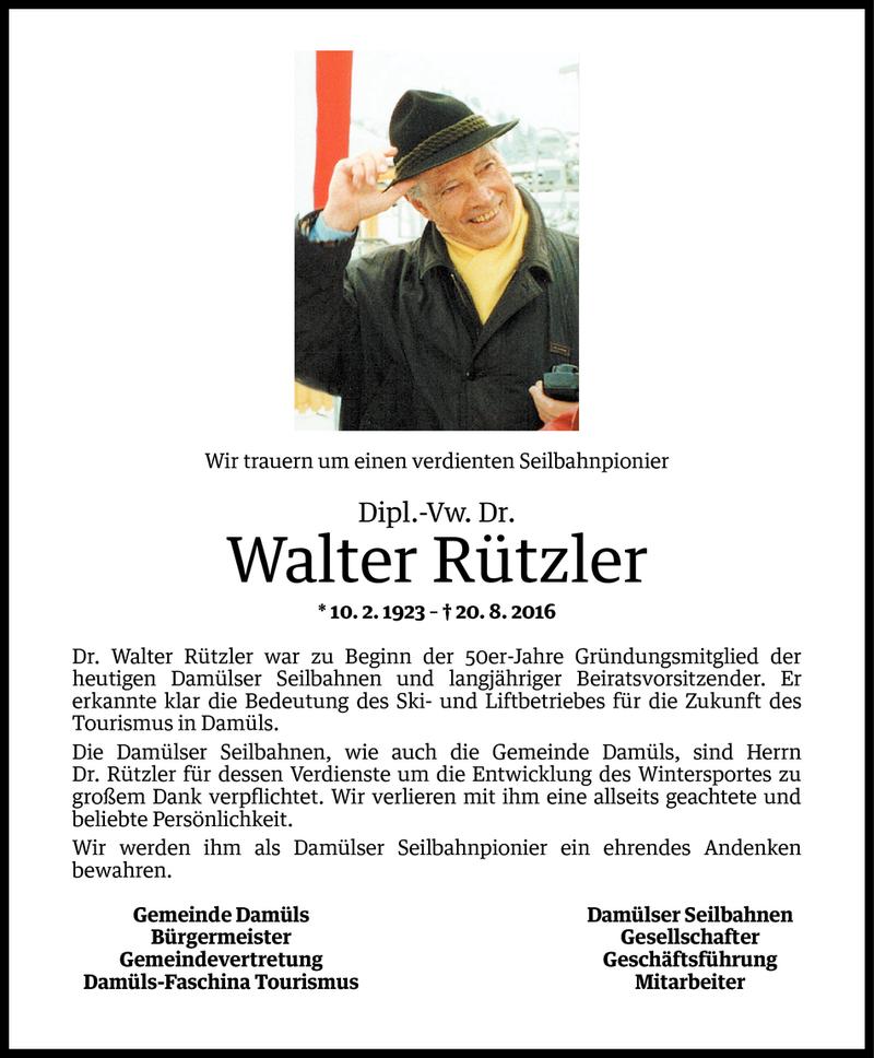  Todesanzeige für Walter Rützler vom 23.08.2016 aus Vorarlberger Nachrichten