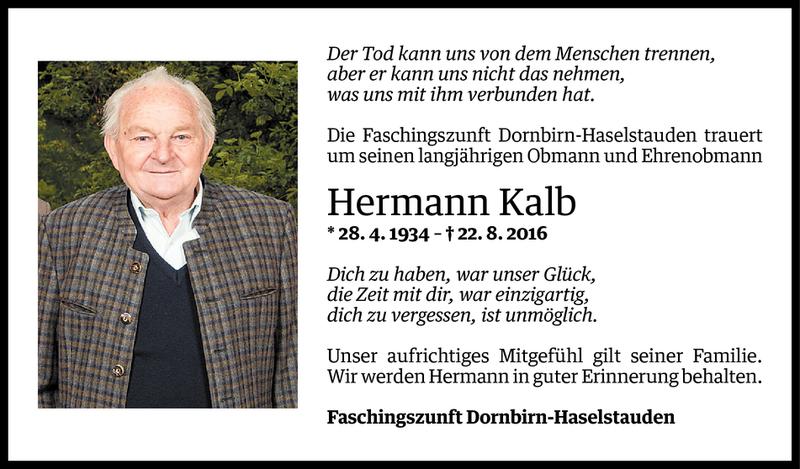  Todesanzeige für Hermann Kalb vom 24.08.2016 aus Vorarlberger Nachrichten