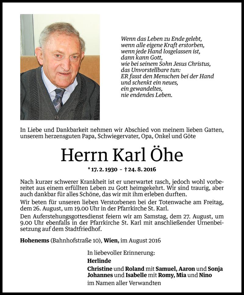  Todesanzeige für Karl Öhe vom 26.08.2016 aus Vorarlberger Nachrichten