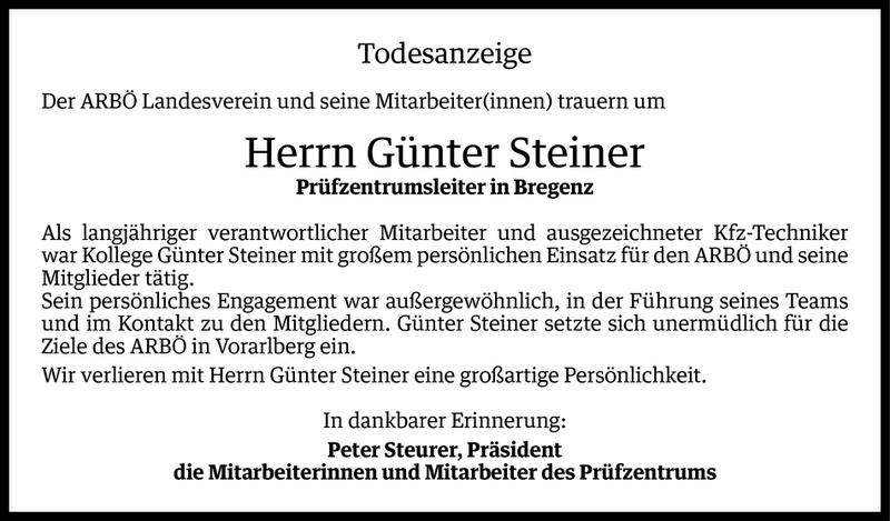  Todesanzeige für Günter Andreas Steiner vom 25.08.2016 aus Vorarlberger Nachrichten