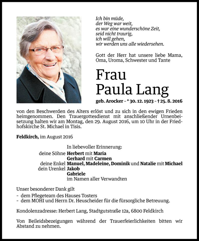  Todesanzeige für Paula Lang vom 26.08.2016 aus Vorarlberger Nachrichten