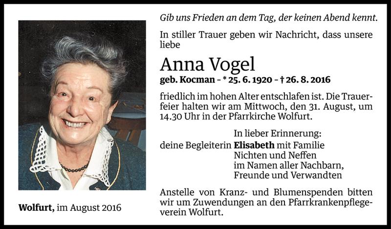  Todesanzeige für Anna Vogel vom 28.08.2016 aus Vorarlberger Nachrichten