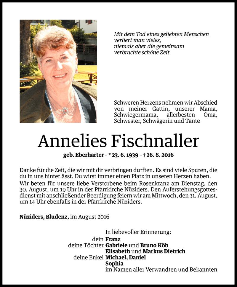  Todesanzeige für Annelies Fischnaller vom 29.08.2016 aus Vorarlberger Nachrichten