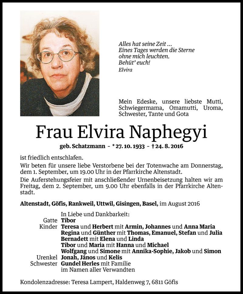  Todesanzeige für Elvira Naphegyi vom 29.08.2016 aus Vorarlberger Nachrichten