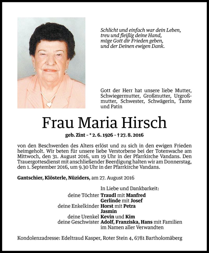  Todesanzeige für Maria Hirsch vom 29.08.2016 aus Vorarlberger Nachrichten